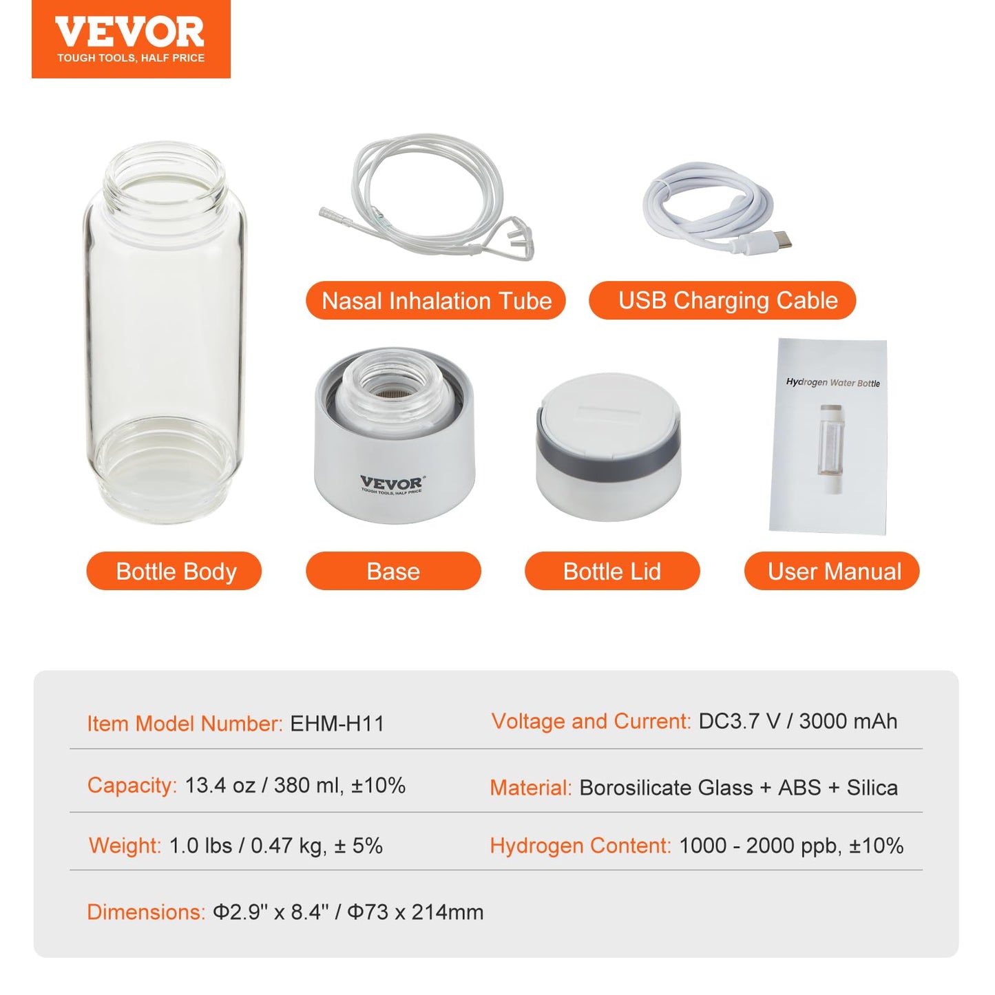 VEVOR Hydrogen Water Bottle, Hydrogen Water Bottle Generator up to 2000 ppb, 380ml Portable Hydrogen Water Machine, SPE Technology hydrogen water generator with Nasal Inhalation Tube and Self-Cleaning