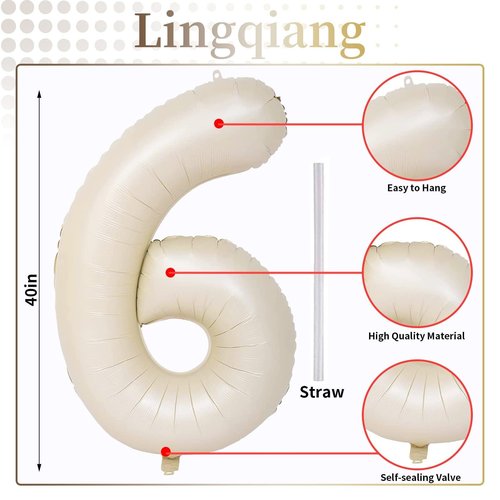 Cream Number Balloons, 40inch Large Beige Number 6 Foil Mylar Helium Balloons for Girls Women, Ivory White Self Inflating Number Balloons 0-9 for Men Boys Birthday Party Celebration Decoration