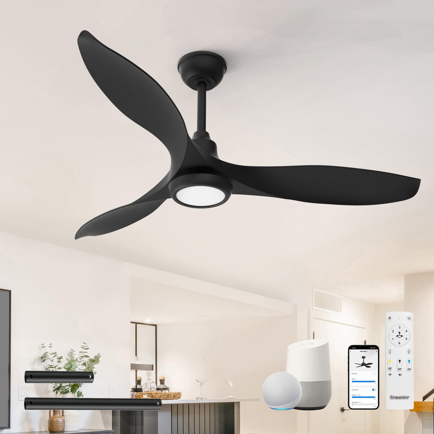 Ensenior 52 Inch Smart Ceiling Fans with Lights and Remote, Control via Alexa Google Voice App, 3000K-6000K Dimmable LED 6-Speed Reversible DC Motor Black Ceiling Fan for Bedroom Living Room, 3 Blades
