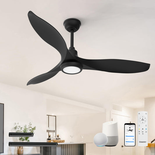 Ensenior 52 Inch Smart Ceiling Fans with Lights and Remote, Control via Alexa Google Voice App, 3000K-6000K Dimmable LED 6-Speed Reversible DC Motor Black Ceiling Fan for Bedroom Living Room, 3 Blades