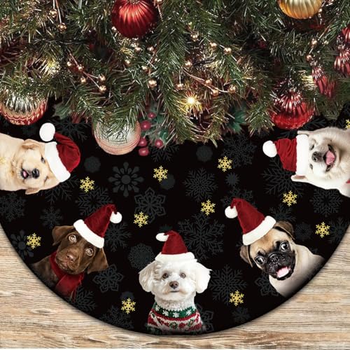 Dog Christmas Tree Skirt 48 Inches Black and Gold Xmas Under Base