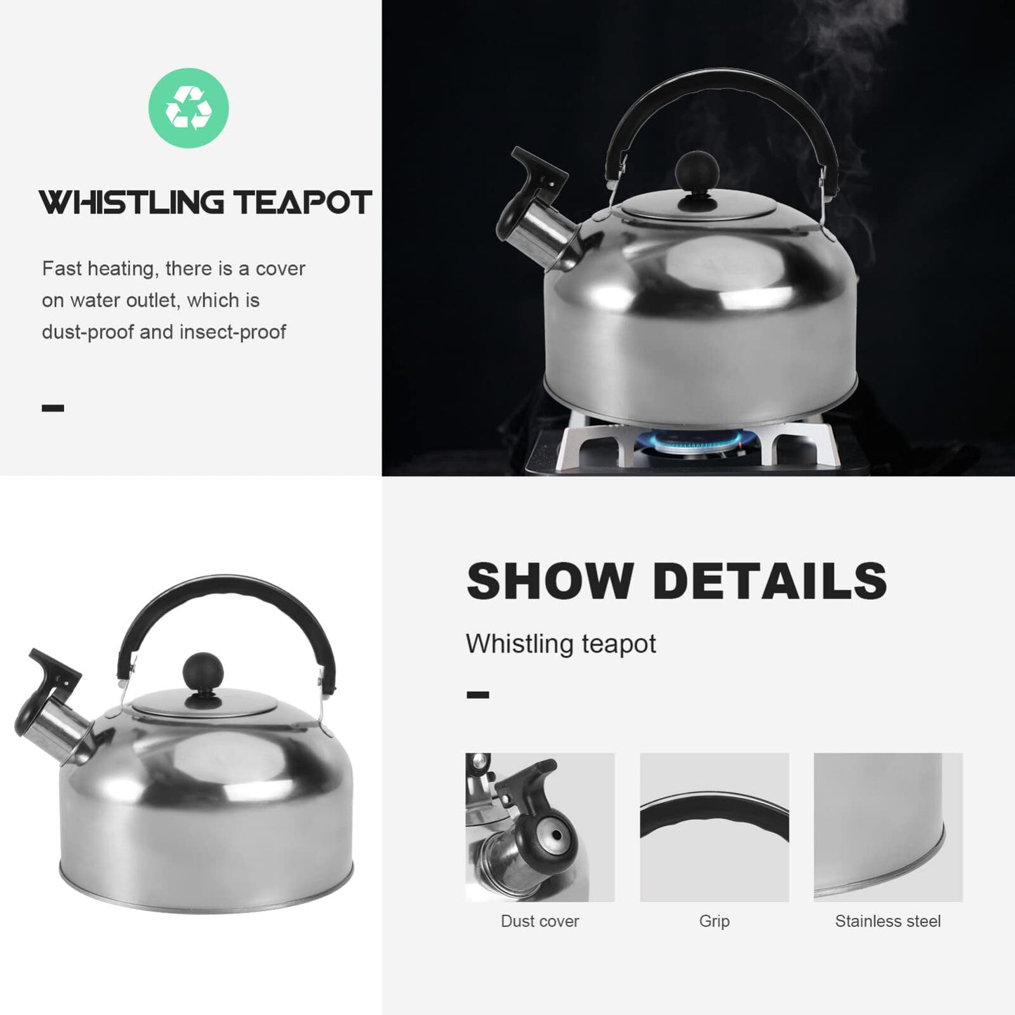 PRETYZOOM Stainless Steel Whistling Kettle for Stove Top and Induction Flat Bottom 7.08In Water Kettle with Ergonomic Handle Fast Heating Pot for Home Camping and Outdoor Brewing