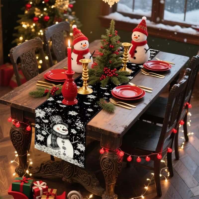 CQFusSTORE Xmas Snowman Feather White Floral Black Table Runner 13x72 Inch