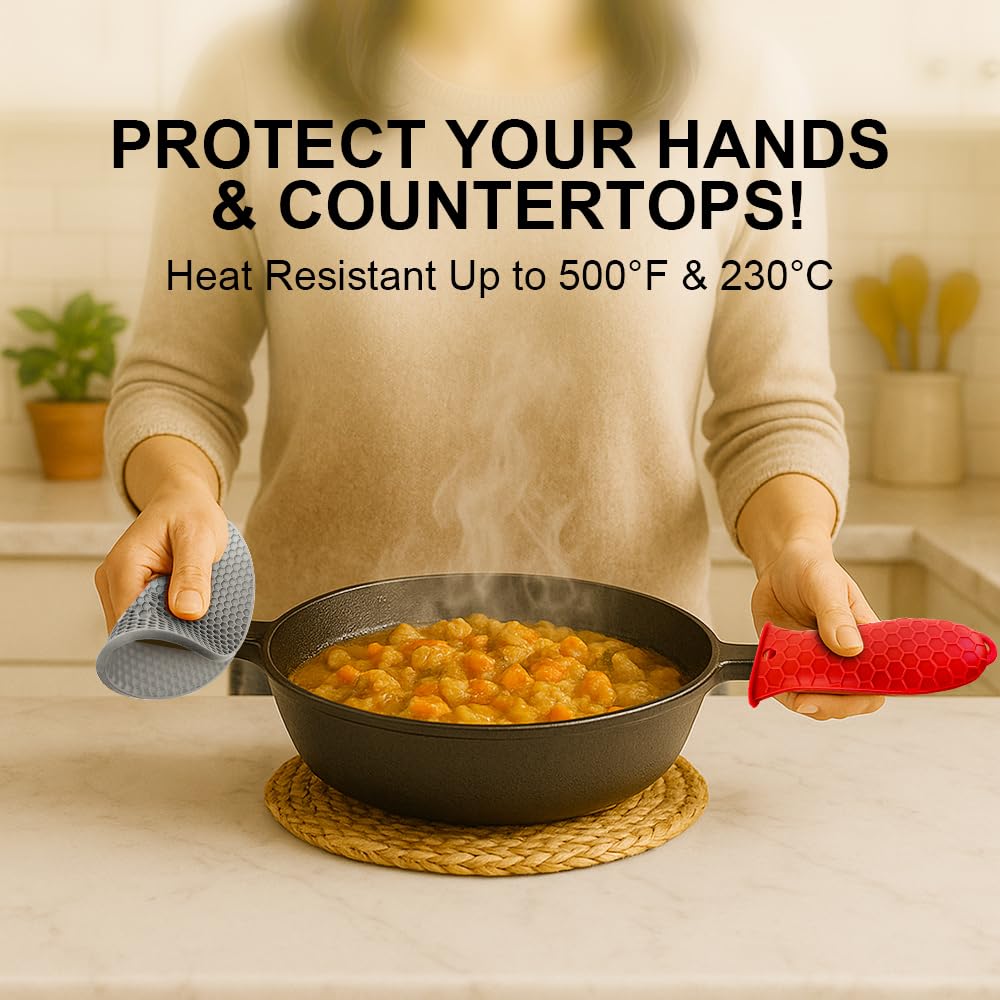 Silicone Handle Cover with Hot Pads for Kitchen - 2 Pack Heat Resistant Handle Covers for Cast Iron Skillets + 2 Multi-Purpose Hot Pads - Non-Slip, Heat-Resistant, with Hanging Holes (Red)