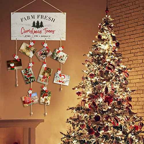 Christmas Card Holder Farm Fresh Wall Hanging Card Display Picture Holder with 30pcs Snowflake Wooden Clips for DIY Christmas Cards Photos Craft Home Office Wall Decor