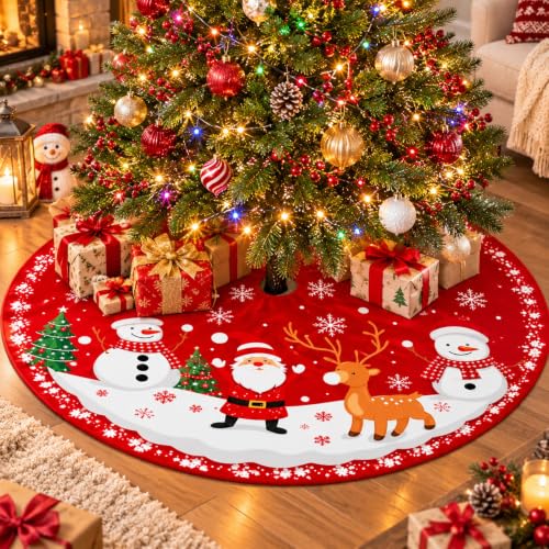 Christmassy 47in Red Christmas Tree Skirt with Santa, Snowmen & Reindeer Print