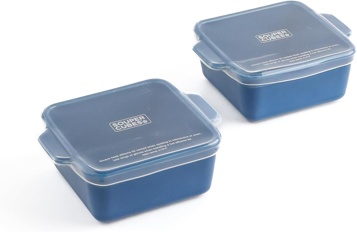 Souper Cubes Stoneware | Premium 5" x 5" Mini Baking Dishes with Silicone Covers - Set of 2, Blueberry