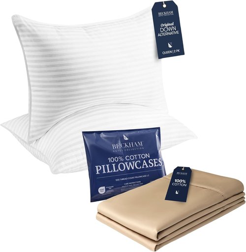 Beckham Hotel Collection Queen Pillows - Soft Down Alternative with Cotton Pillowcases | Set of 2 in Sand
