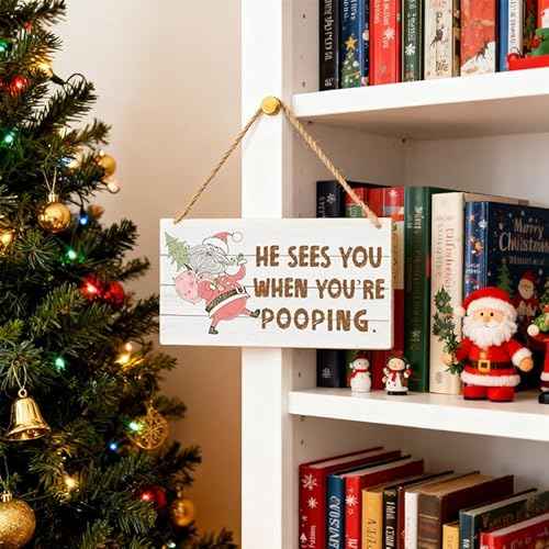 Christmas Bathroom Decor, He Sees You When You're Pooping, Funny Christmas Decor, Bathroom Wooden Sign, Farmhouse Xmas Home Wall Decoration