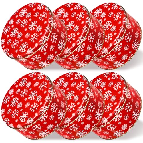 6 Pack Christmas Metal Cookie Tins with Snowflake Lids, 7 Inch Round Storage Containers