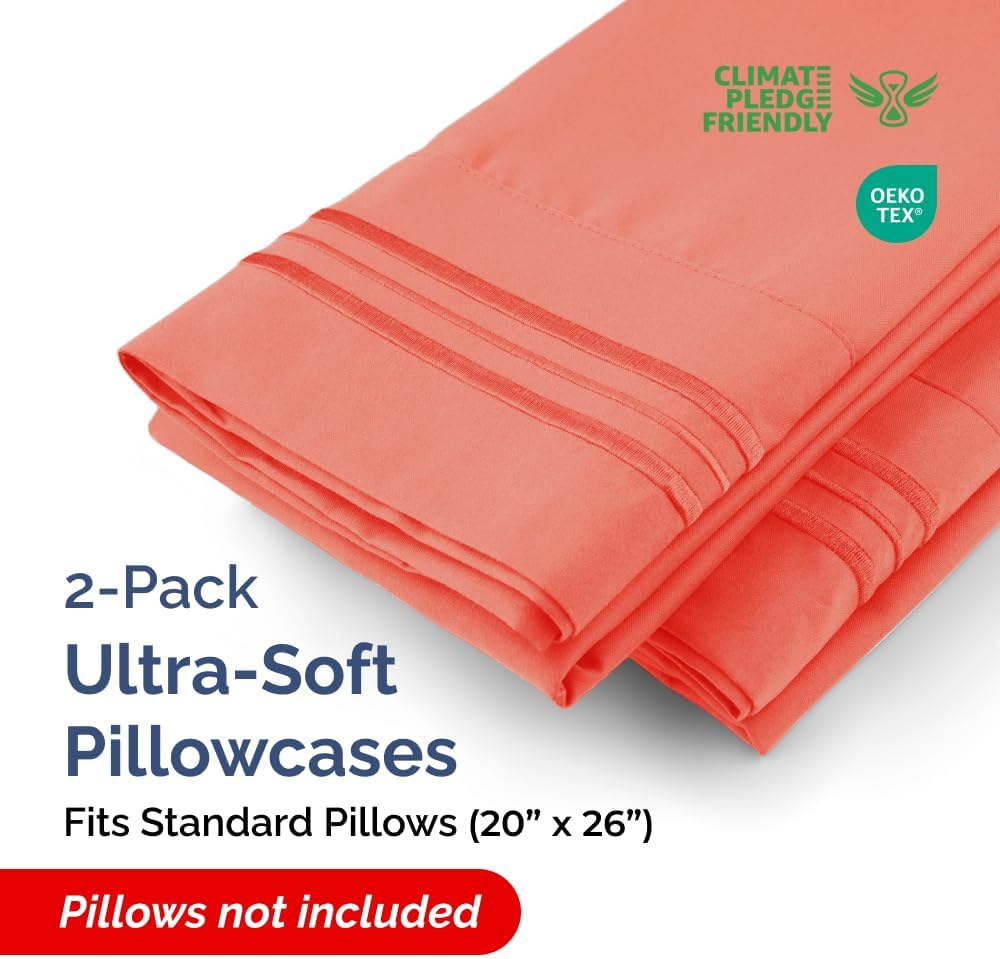 Standard Pillow Cases by Skiennix - Ultra-Soft Hotel Quality Covers | Comfy, Wrinkle-Free & Stain Resistant - 2 Piece Set in Coral