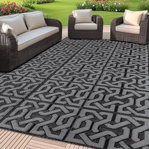 SAND MINE Reversible Plastic Straw Rug - 9' x 18' Black & Grey Outdoor Floor Mat for Patio, RV, Beach, Camping