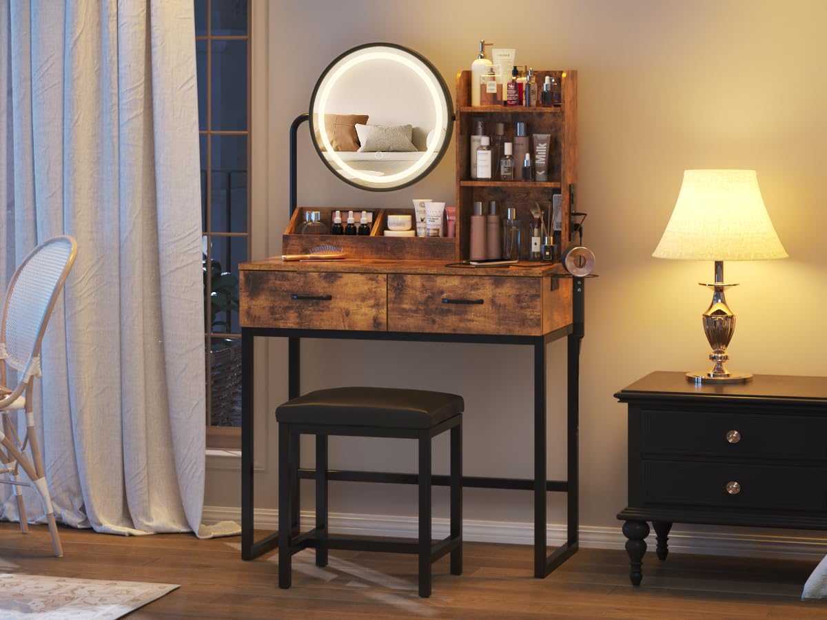 Makeup Vanity Desk with Round Mirror and Lights, White Vanity Makeup Table, Small Vanity Table for Bedroom with Lots Storage, 3 Lighting Modes, 31.5in(L)