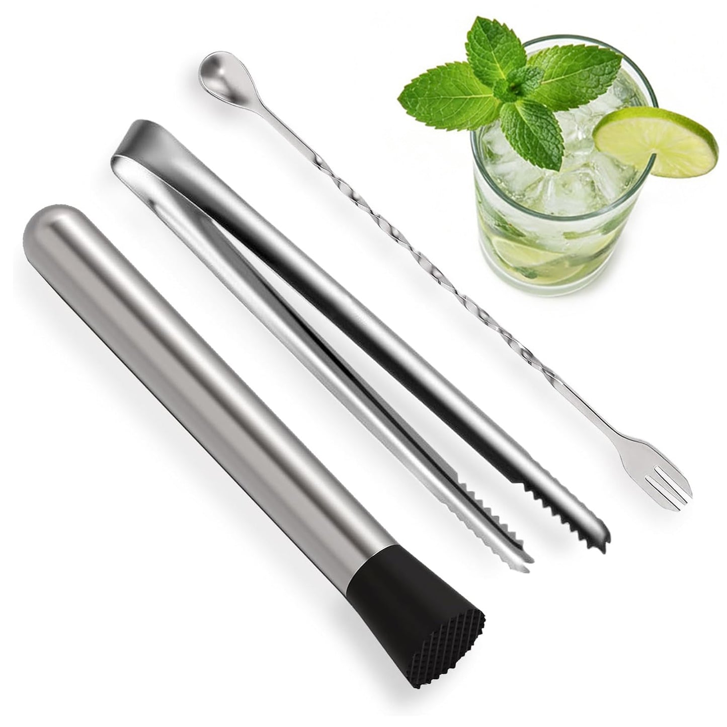 Muddler for Cocktails,10" Bar Spoon & Ice Tongs with Serrated Tip, 3PcsStainless Steel Bar Tools Set for Mojitos, Lemonade, Fruit Drinks, Home PartyBar Accessories