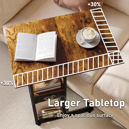 Black Large Rolling C-Shaped Side Table with Drawer & Wheels