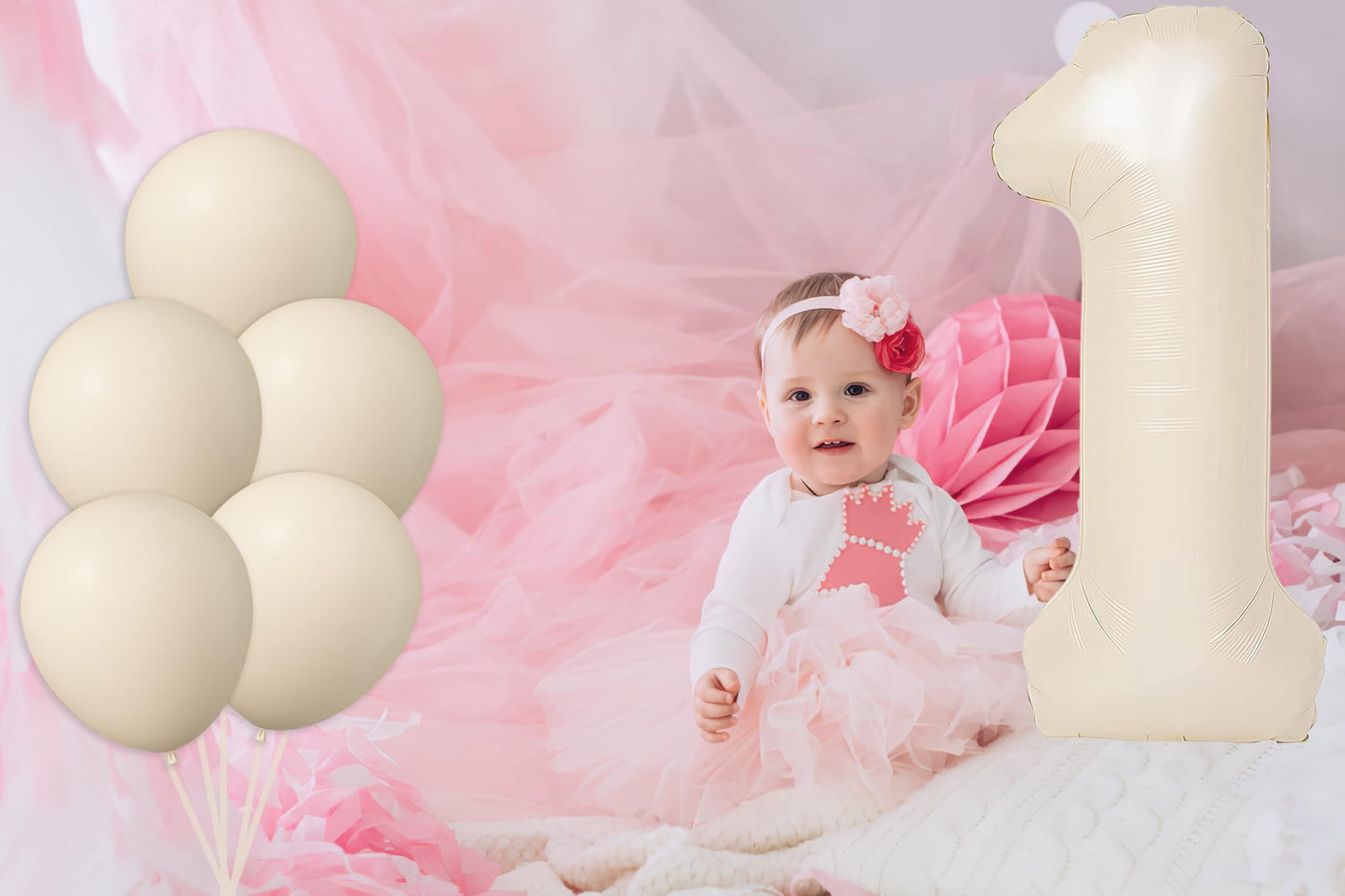 40 Inch Beige Number 1 with Latex Balloons, Large Big Foil Number Balloons for Kids Boys 1st Birthday Party Decorations Boys Cute Baby Shower Supplies Anniversary Celebration