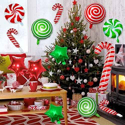 34Pcs Christmas Foil Balloons Set, Candy Cane Mylar Balloons for Xmas New Year Party Decorations