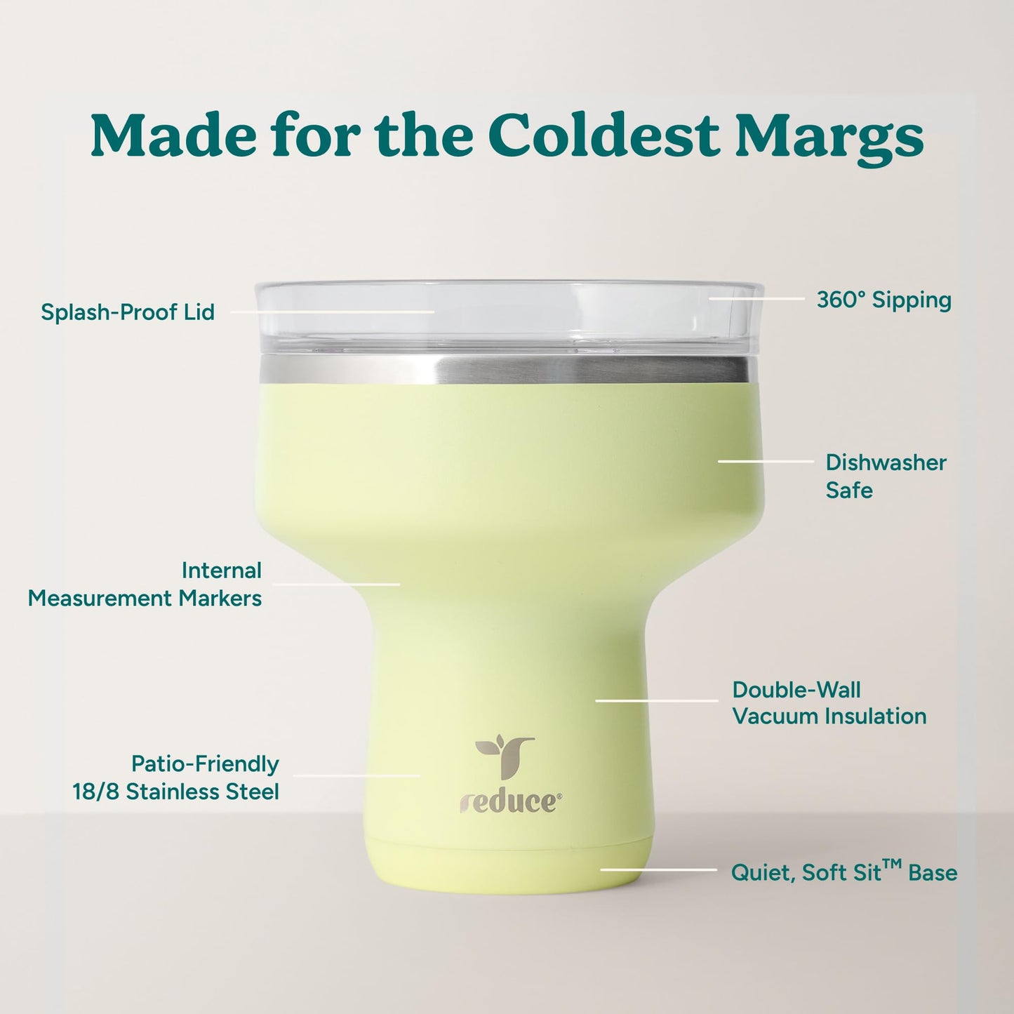 REDUCE Saltini 16 oz Cocktail Tumbler - Insulated Margarita Tumbler with Lid - Keeps Drinks Cold for 10 Hours - 360 Sippable Martini Glass Alternative - Shatterproof, Perfect for Parties - Lemon Luau