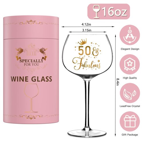 GALOFAY 50th Birthday Wine Glasses Gifts for Women, Cool Personalized Gold Print '50 Fabulous' Red Wine Glass Set, Pink Gift Package with Goblet, Wine Bag, Key Chain, and Card for 50 Years Old Woman