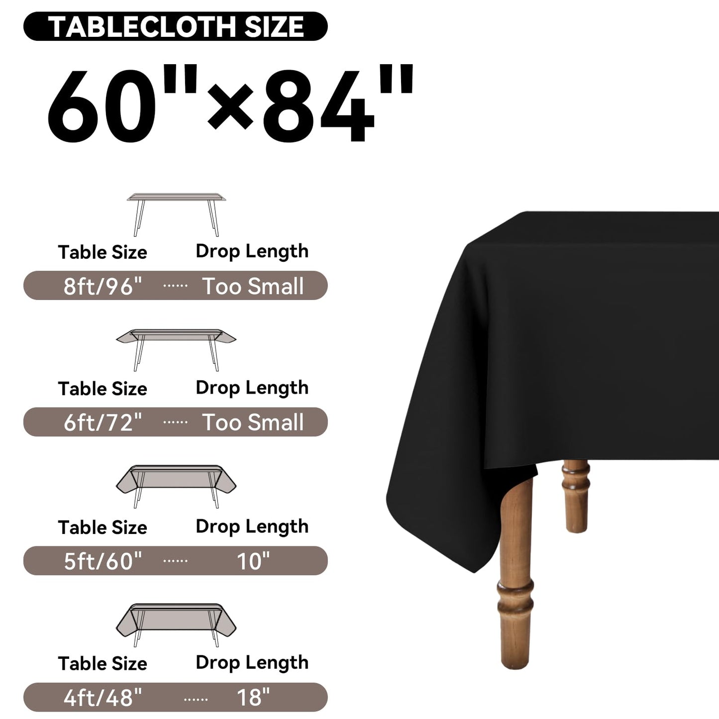 Romanstile Rectangle Tablecloth - Waterproof and Wrinkle Resistant Washable Polyester Table Cloth for Kitchen Dining/Party/Wedding Indoor and Outdoor Use (60 x 84 inch,Black)
