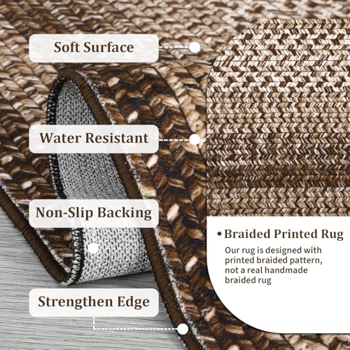 Brown Washable Geometric Rug 5x7 - Farmhouse Braided Print, Non-Slip, Low Pile
