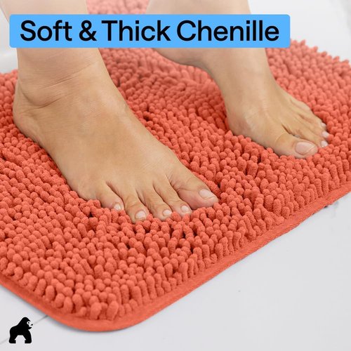 GORILLA GRIP Bath Rug Mat - Thick Soft Absorbent Chenille | Quick Dry Microfiber, 44x26, Coral