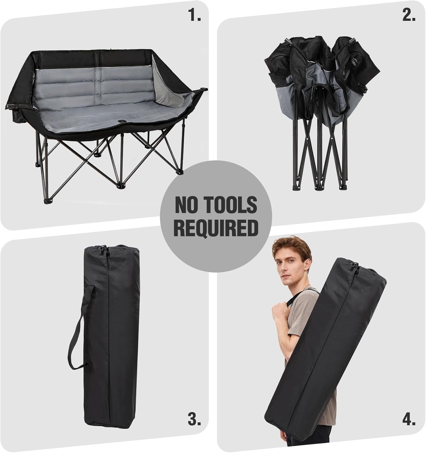 REDCAMP Heavy-Duty Padded Double Camping Chair - Supports 660lbs | Oversized Loveseat with Cup Holders & Carry Bag - Black/Grey