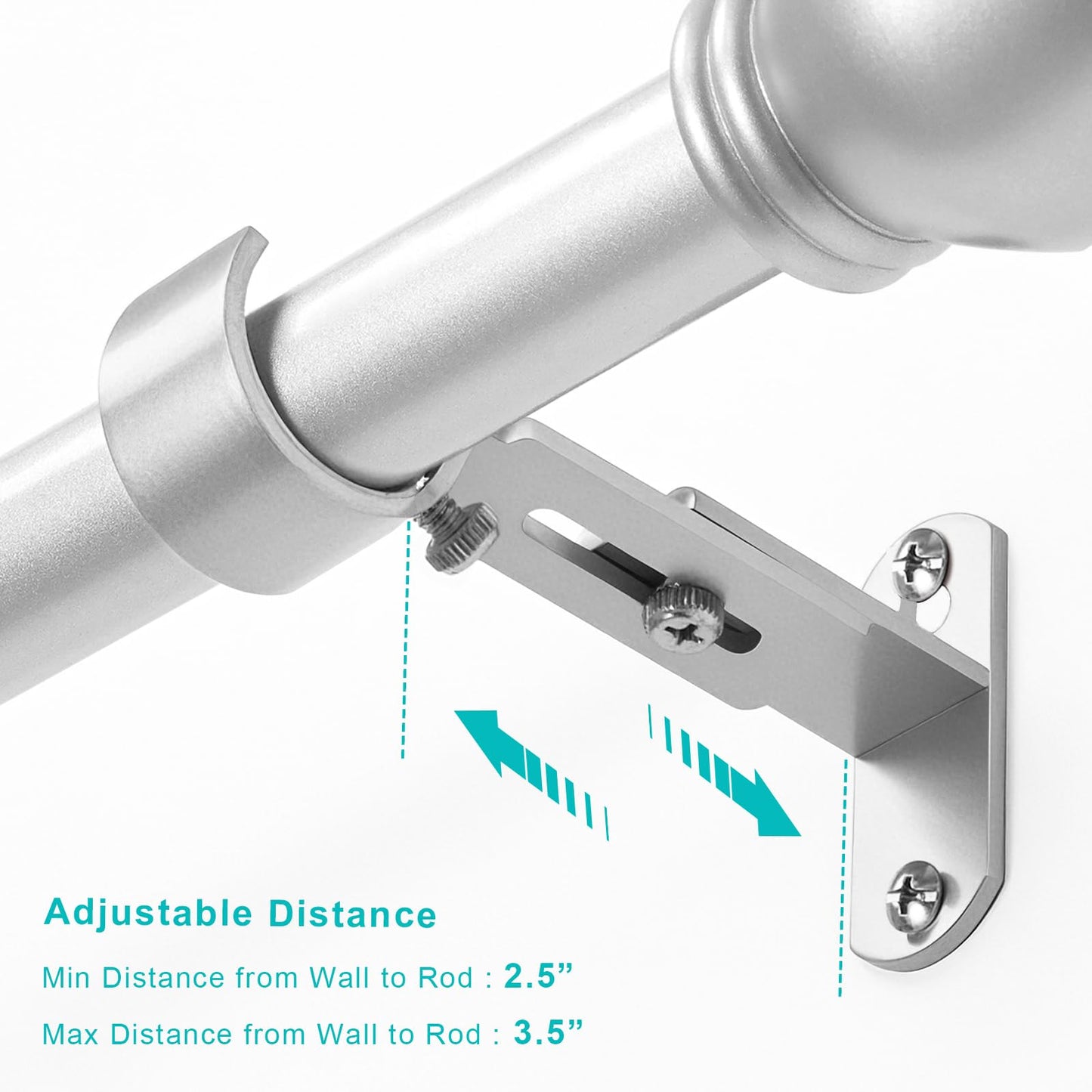 AMZSEVEN Adjustable Curtain Rod Brackets, Metal Window Drapery Rod Hanger Holders Hooks for 1 inch Rods (Satin Silver, Set of 2)