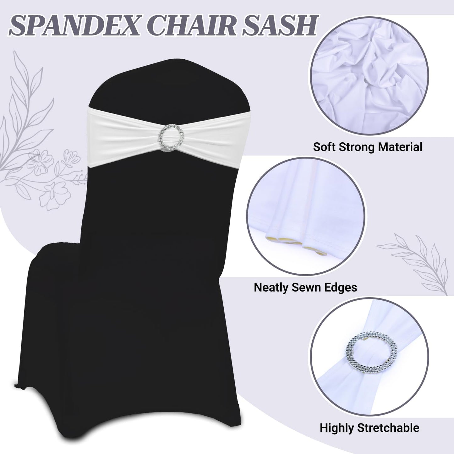 MDS Premium Spandex Chair Sashes - Pack of 50 Stretch Covers with Buckle Slider | Universal Fit - White