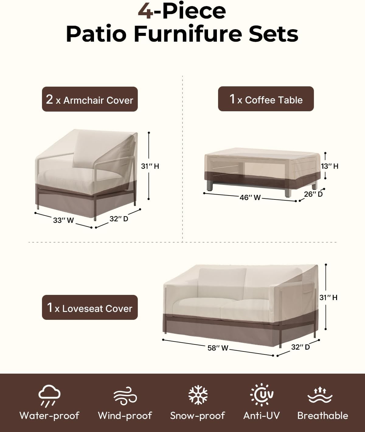 Loriano Patio Furniture Cover Set - 4-Piece Waterproof Heavy-Duty Covers for Lawn & Patio