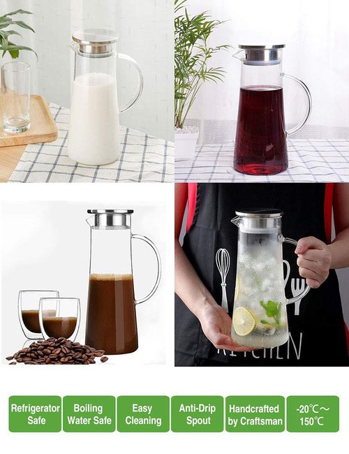 Hwagui - Heat Resistant Glass Pitcher with Stainless Steel Lid, Water Carafe with Handle, Good Beverage Pitcher for Homemade Juice and Iced Tea, 1600ml/53oz