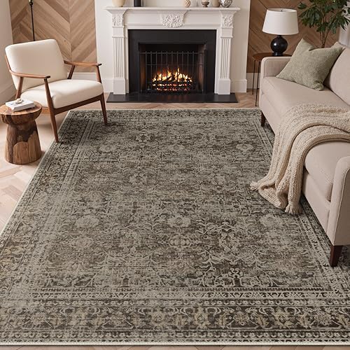 8x10 Taupe Brown Washable Area Rug - Vintage Boho Non-Slip Indoor Carpet