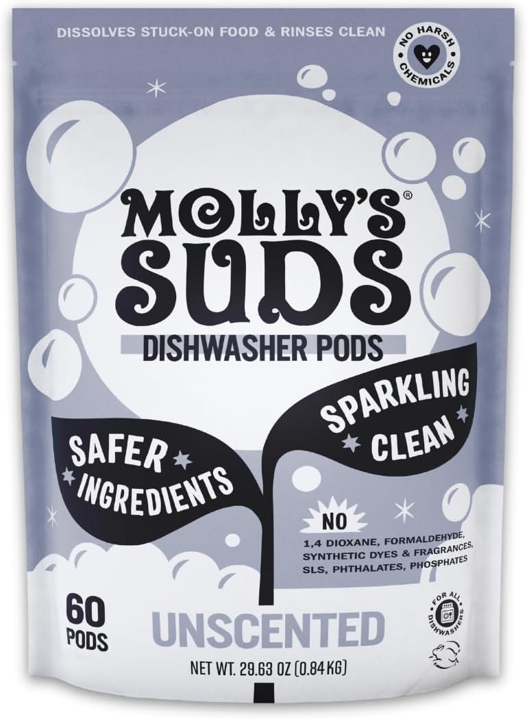 Molly's Suds Dishwasher Pods - Residue-Free Detergent for Sparkling Dishes | 60 Unscented Auto-Release Tabs