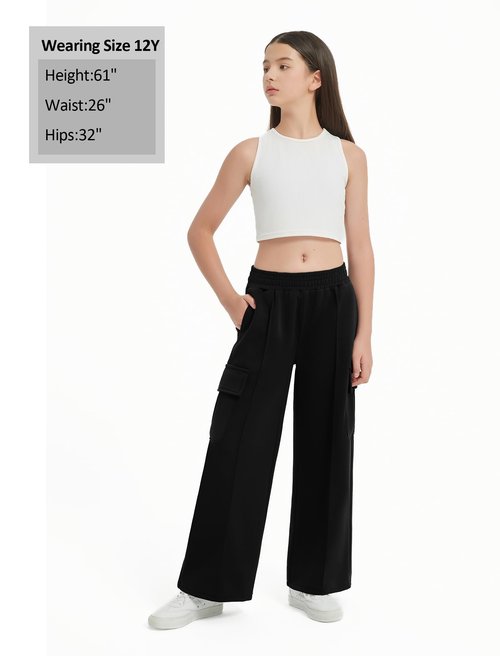 EXARUS Girls Cargo Sweatpants Multi 3 Pack Set Front Seam Wide Leg Baggy Fit Elastic Waistband Pleated Teen Casual Sweat Pants Middle Rise Pleat with Pockets 12Y