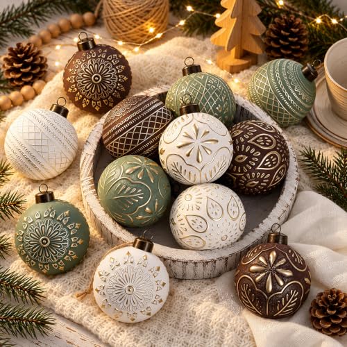 12 Pcs Textured Rustic Christmas Ornaments for Tree – Vintage Brown Green White Balls