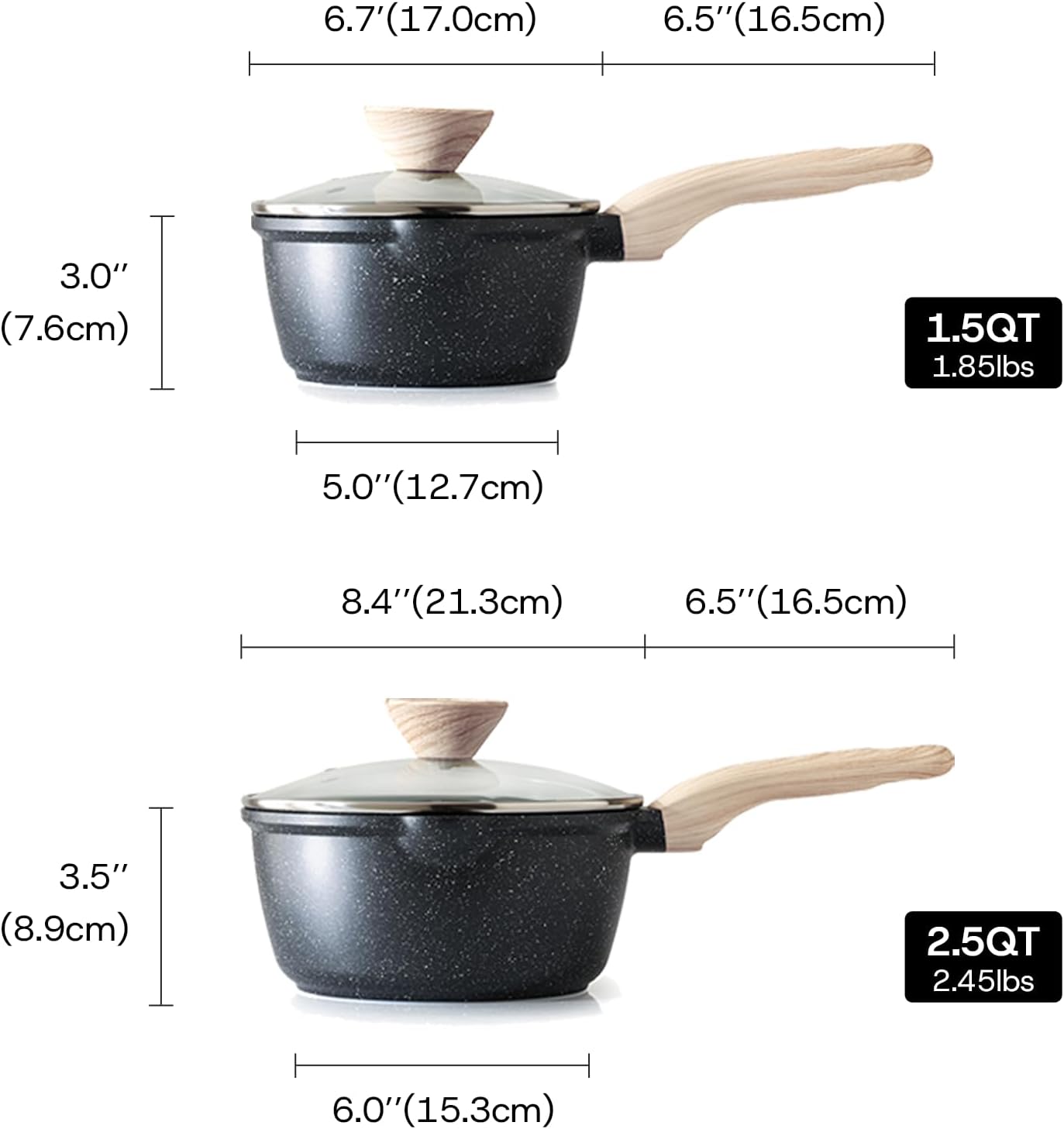 Kordisen Nonstick Saucepan Set - 1.5Qt & 2.5Qt Cooking Pots with Pour Spout | Easy to Clean, PFOA Free (Black)