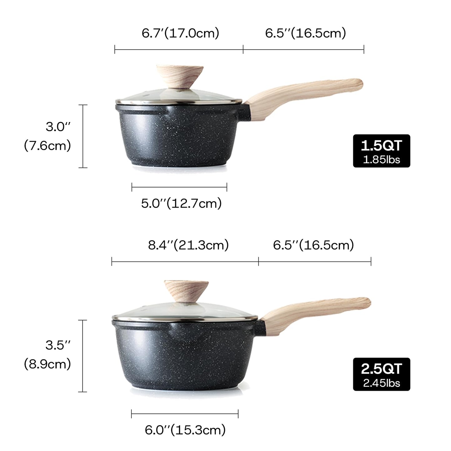 Kordisen Sauce Pan Set with Lid, 1.5Qt & 2.5 Qt Nonstick Cooking Pots with Pour Spout, Easy to Clean, Small Kitchen Induction Saucepan with Granite Coating, PFOA/PFOS Free (Black)