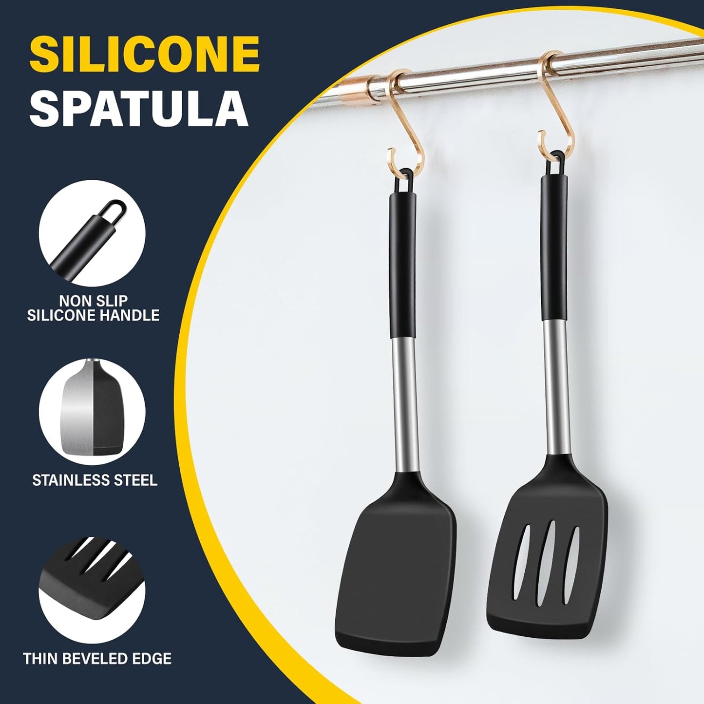 Skiennix Silicone Spatula Set - 2 Pack High Heat Resistant Utensils for Non-Stick Pans | BPA-Free Black