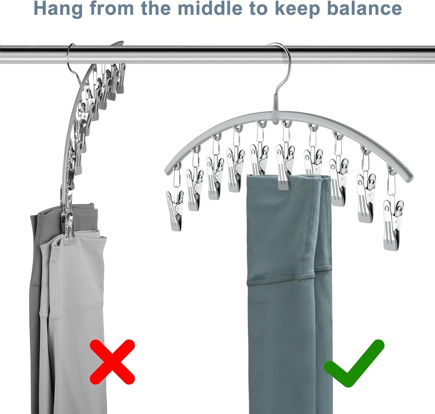 Volnamal Legging Organizer - Space-Saving Metal Yoga Pants Hanger | 2-Pack with 10 Clips, Grey