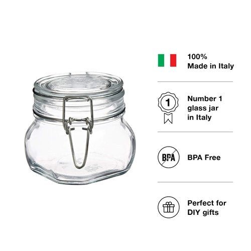 Bormioli Rocco Fido 17.5 Ounce Glass Storage Jars: Airtight Hinged Lid With Leak Proof Gasket, Wide Mouth Food Container - For Zero Waste Air Tight Preserving Jam, Spices, Coffee, Sugar & Herbs