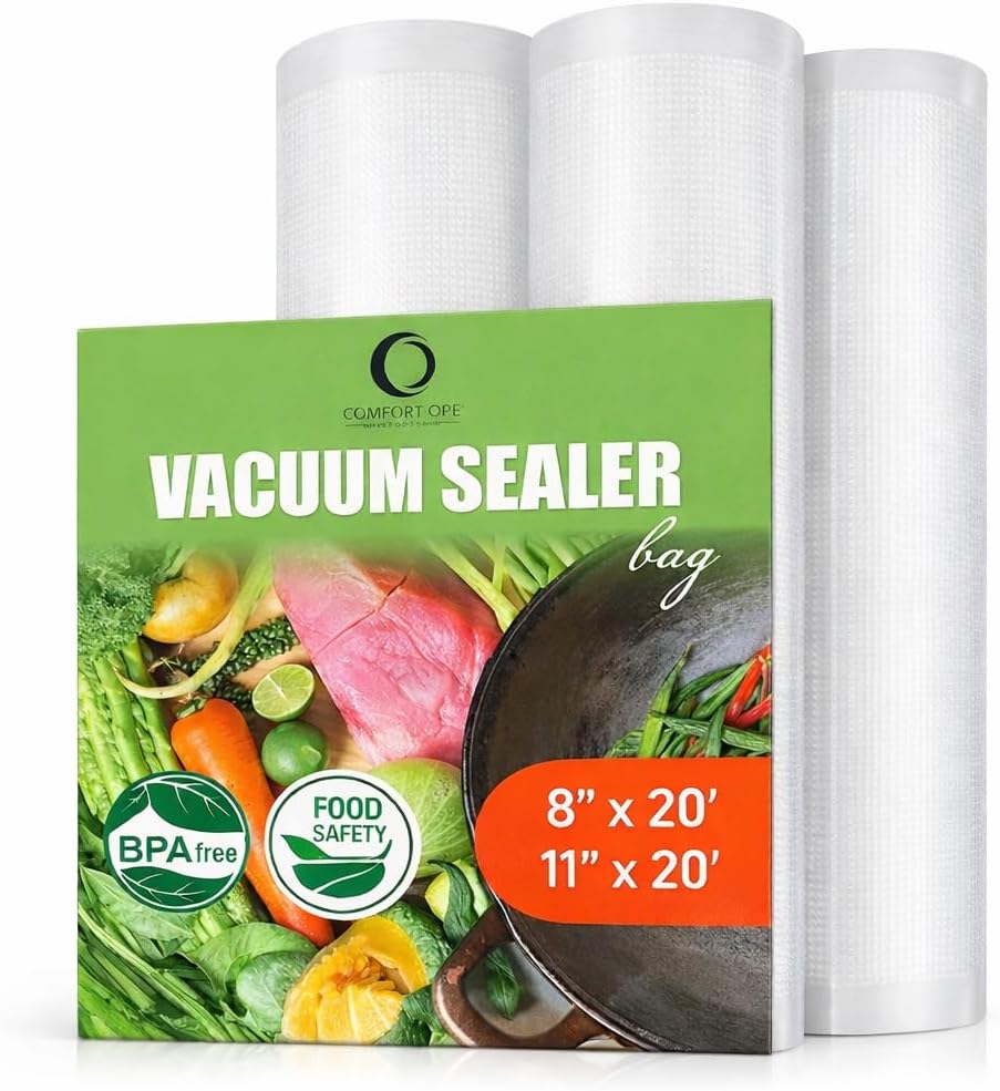 Premium Vacuum Sealer Bag Rolls - Custom Cut for Freezer & Sous Vide - Durable Food Storage, 3 Pack (8"x20')