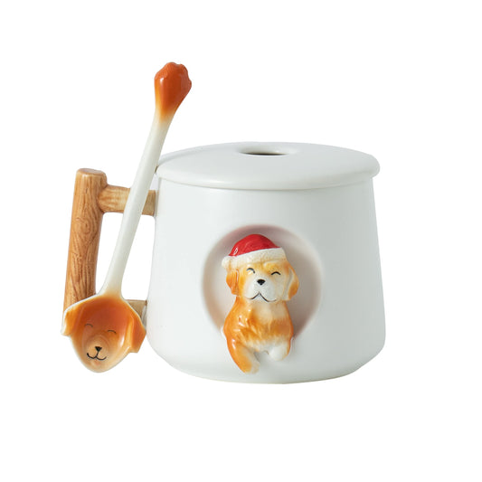 DIHOclub Ceramic Coffee Mug with Lid and Matching Spoon,Novelty 3D Golden Retriever Pattern Mug for Tea Milk Chocolate Juice,Cute Cup for Dog Lovers,Perfect Christmas Gifts-14 Ounces(white)