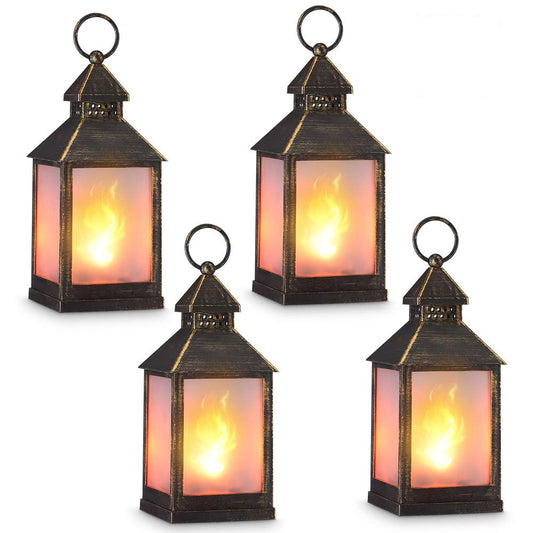 11" Vintage Style Decorative Lantern,Flame Effect LED Lantern,(Golden Brushed Black,4 Hours Timer) Indoor Lanterns Decorative,Outdoor Hanging Lantern,Decorative Candle Lanterns ZKEE (Set of 4)