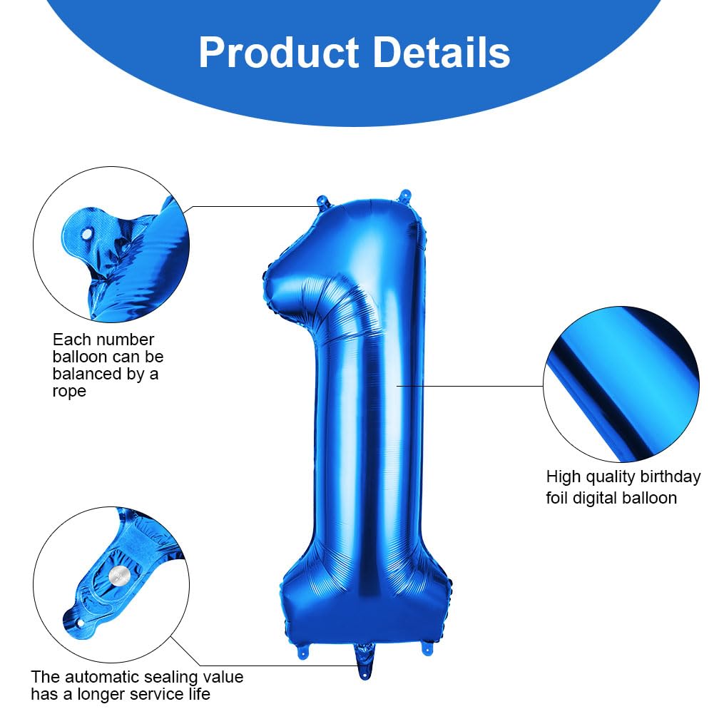 OFFCUP 40 Inch Blue Number 1 Balloon for 1st Birthday Decoration, Birthday Balloons Large Foil Number 1 Balloons Self Inflating for Boys Girls Men Women Birthdays Anniversary Party Decorations