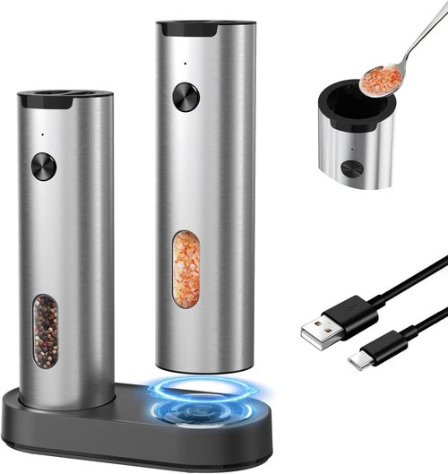 CIRCLE JOY Electric Salt and Pepper Grinder Set - Rechargeable Stainless Steel Mill with LED Light & Adjustable Coarseness | 110ML Top-Fill