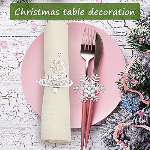 Patelai 12 Pcs Silver Napkin Rings Set – Snowflake & Christmas Tree Metal with Rhinestones