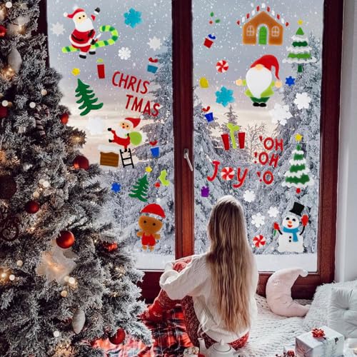 6 Sheet Christmas Window Clings Gel,Snowman,Gingerbread Man,Christmas Tree, Santa Claus, Snowflakes, Christmas Stickers for Glass Windows, Window Clings Christmas Decorations