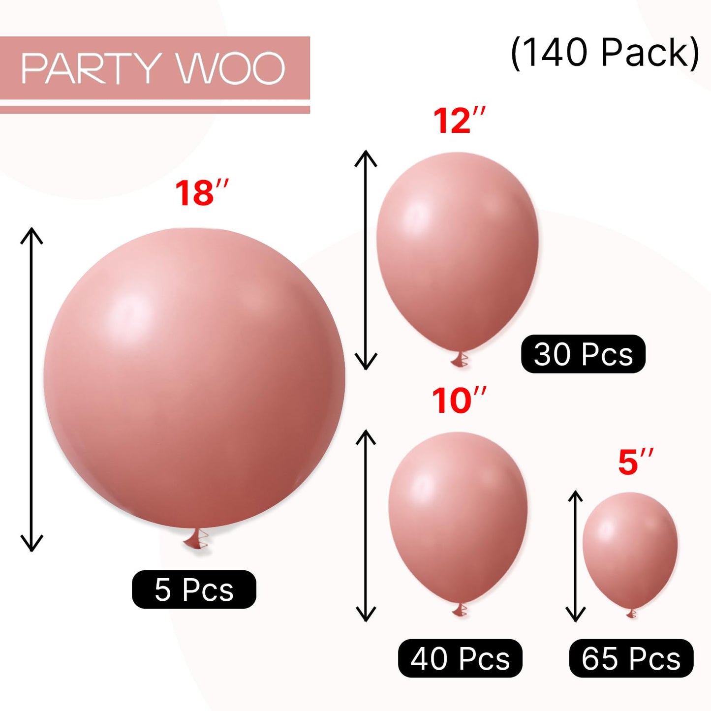 PartyWoo Dusty Pink Balloons 140pcs Different Sizes of 18 12 10 5 Inch Blush Pink Dusty Rose Boho Netural Balloon Arch Kit Garland for Baby Shower Princess Girl Birthday Party Decorations Pink-F01