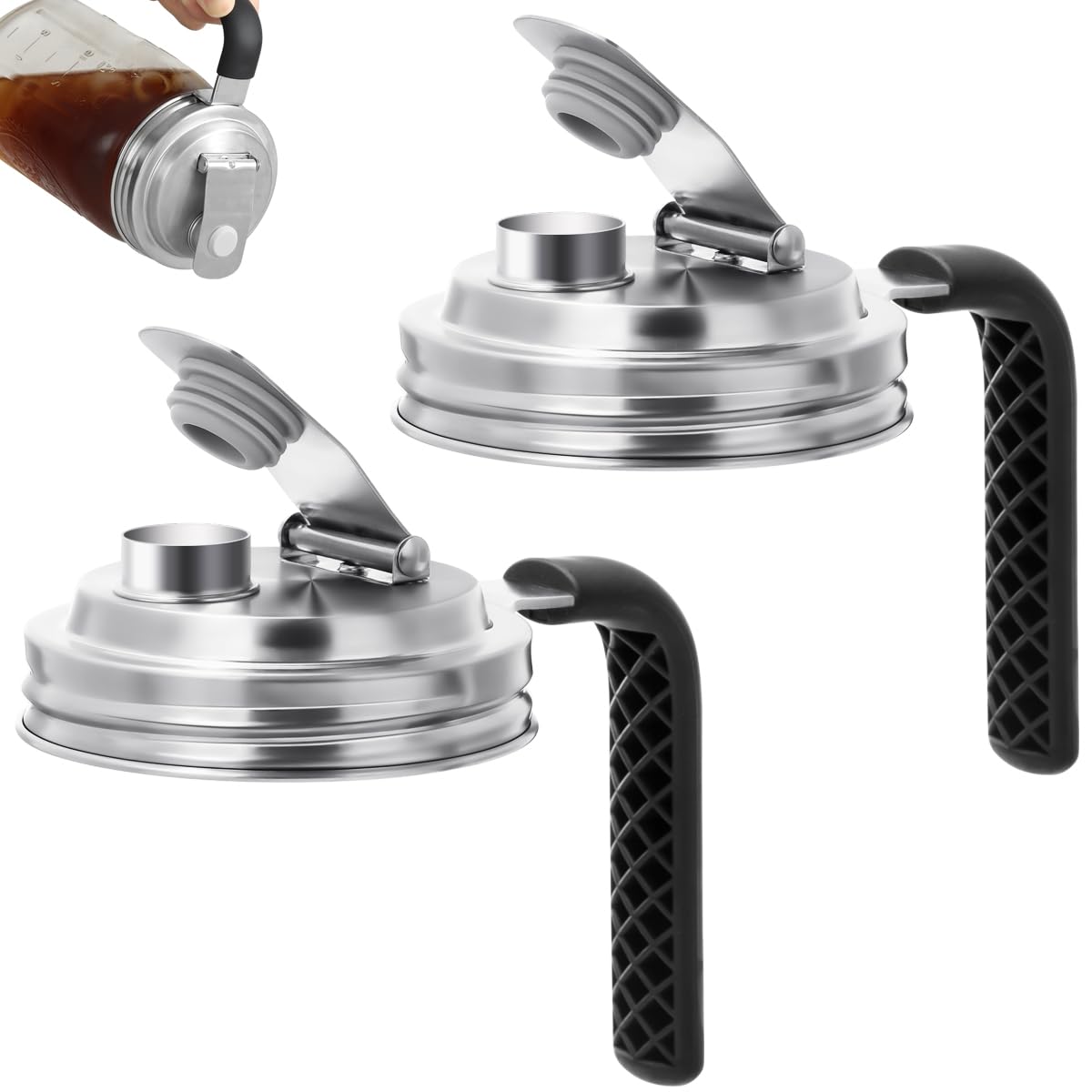 Aieve Stainless Steel Mason Jar Pour Spout Lid, 2 Pack Wide Mouth Mason Jar Pitcher Flip Cap Lids with Handle for Ball Jar Lids (3.38 inch)