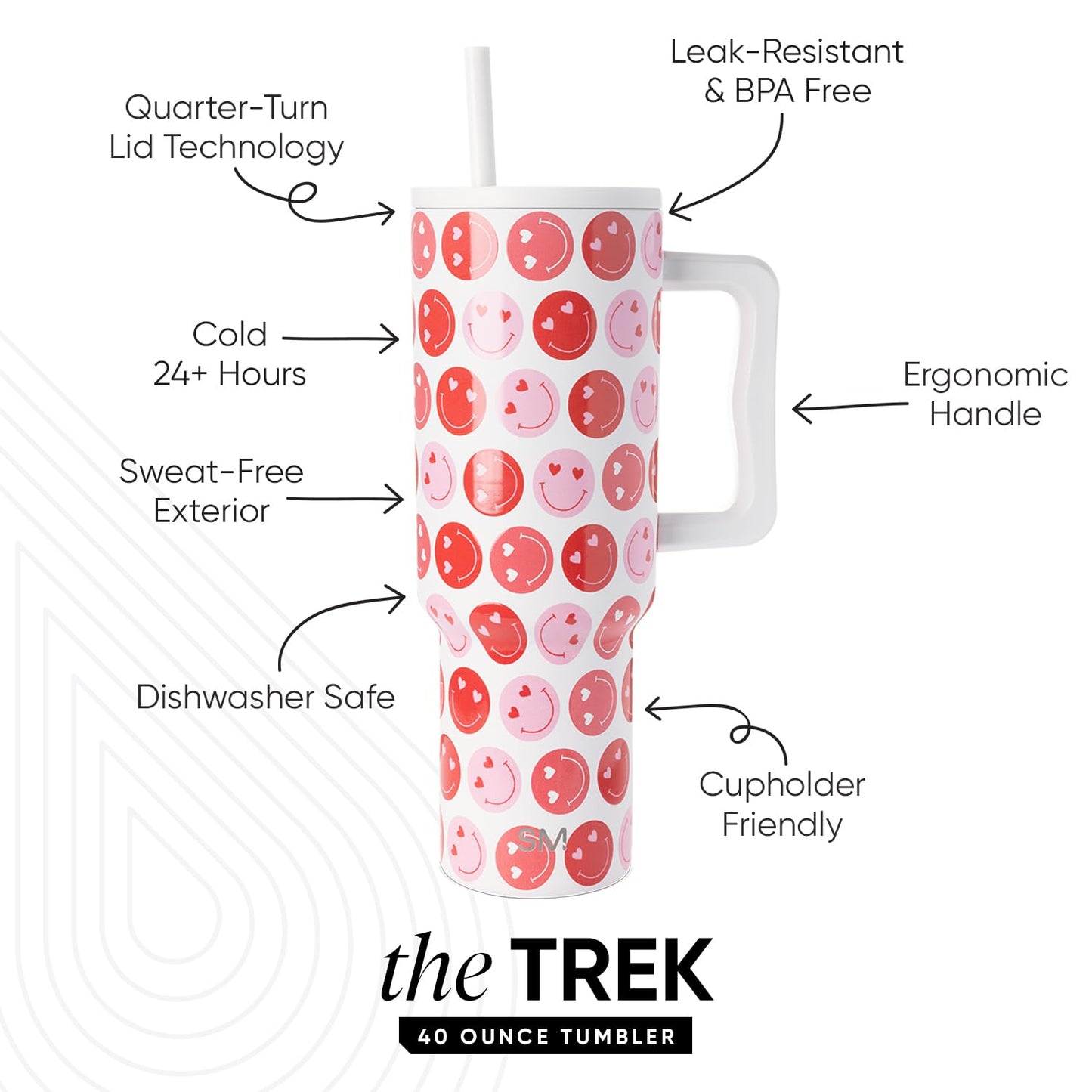 Simple Modern 40 oz Trek Tumbler with Handle and Straw Lid | Cup Holder Friendly Insulated Stainless Steel Travel Mug | Happy Heart Eyes